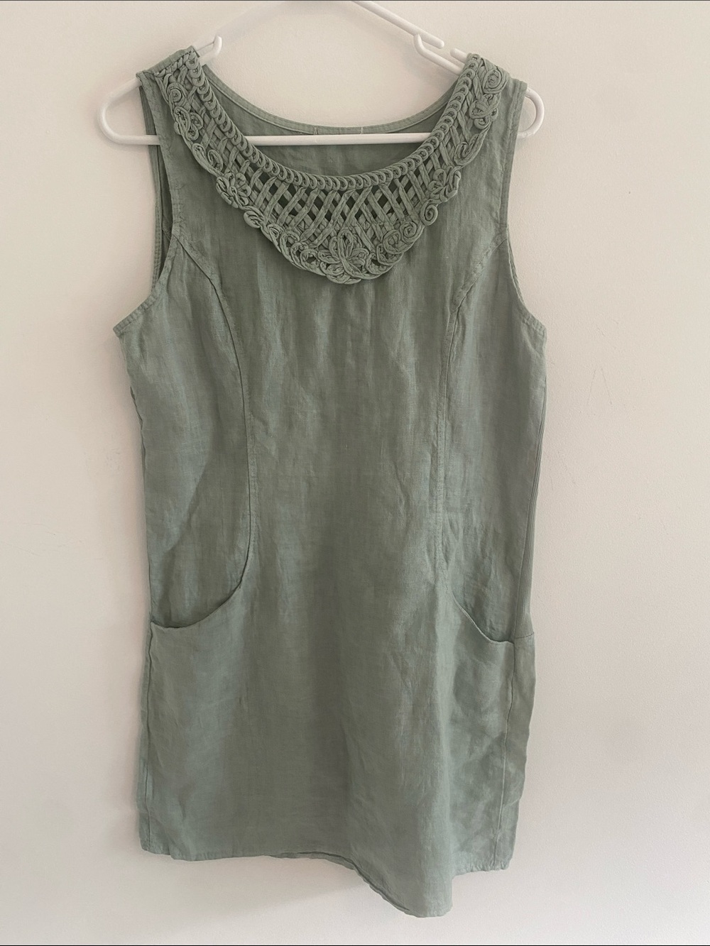 Lungo L'arno Linen Pullover Crochet w Pockets S/S Italian Dress Seafoam Green M